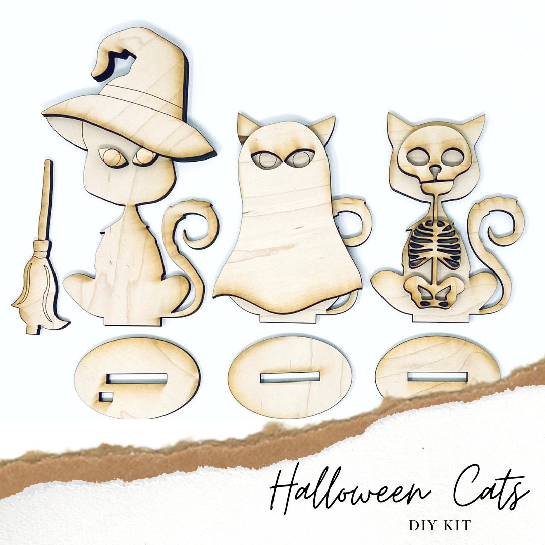 Halloween Cats in Costumes DIY Kit|Tiered Tray|Ghost|Witch|Skeleton|Shelf Sitter|Mantel Decor