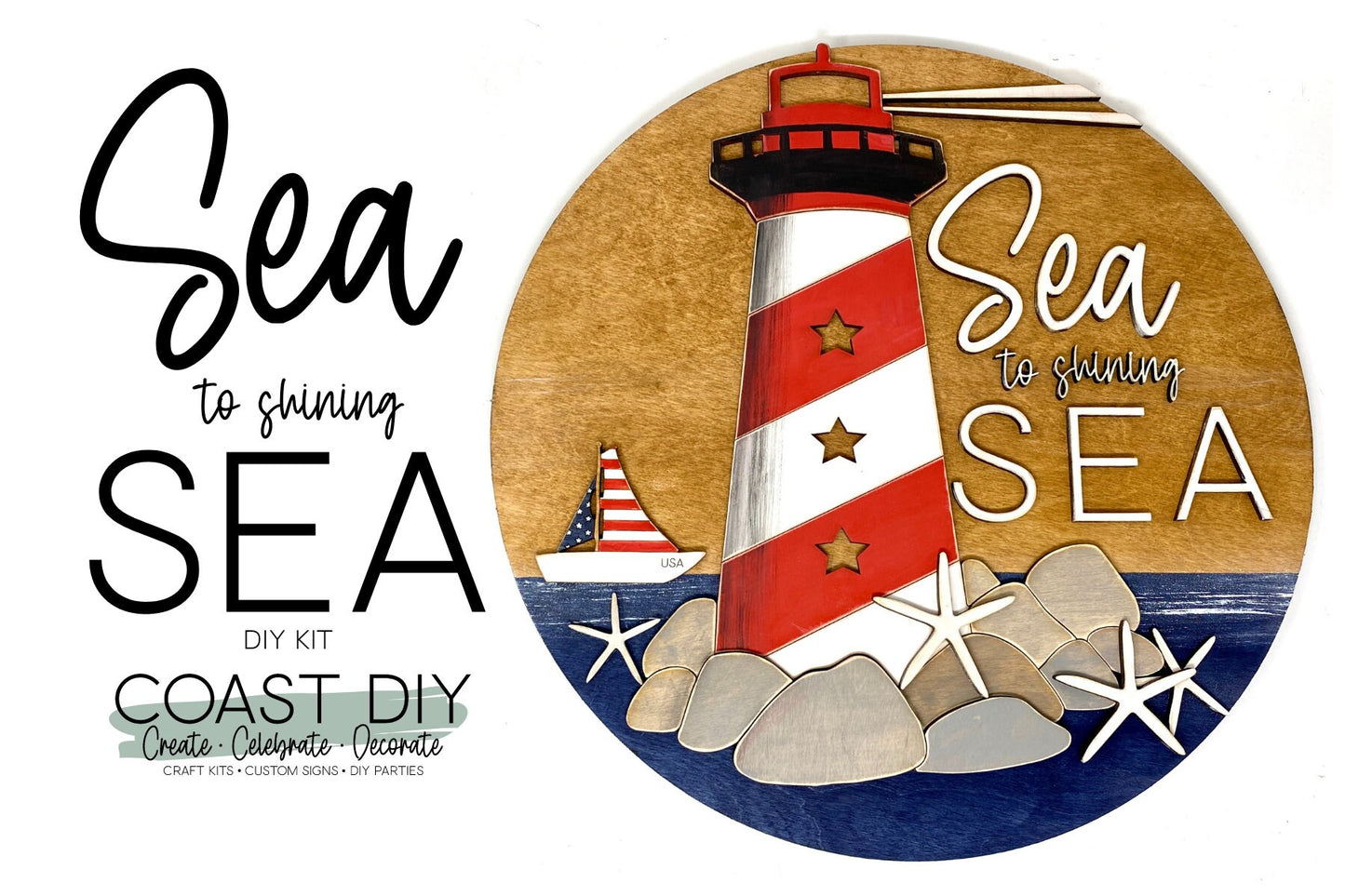 Coastal Patriotic Lighthouse Wall Sign DIY Kit | Sailboat Doorhanger | Nautical Craft Kit
