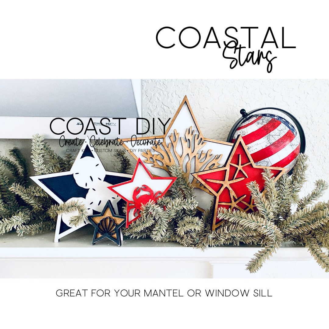 Coastal Stars DIY Kit Set of 5|Wood Blanks|Standing Stars|Starfish|Crab|Coral|Sanddollar|Scallop|Nautical|Patriotic