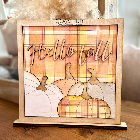 Hello Fall Plaid Shelf Sitter