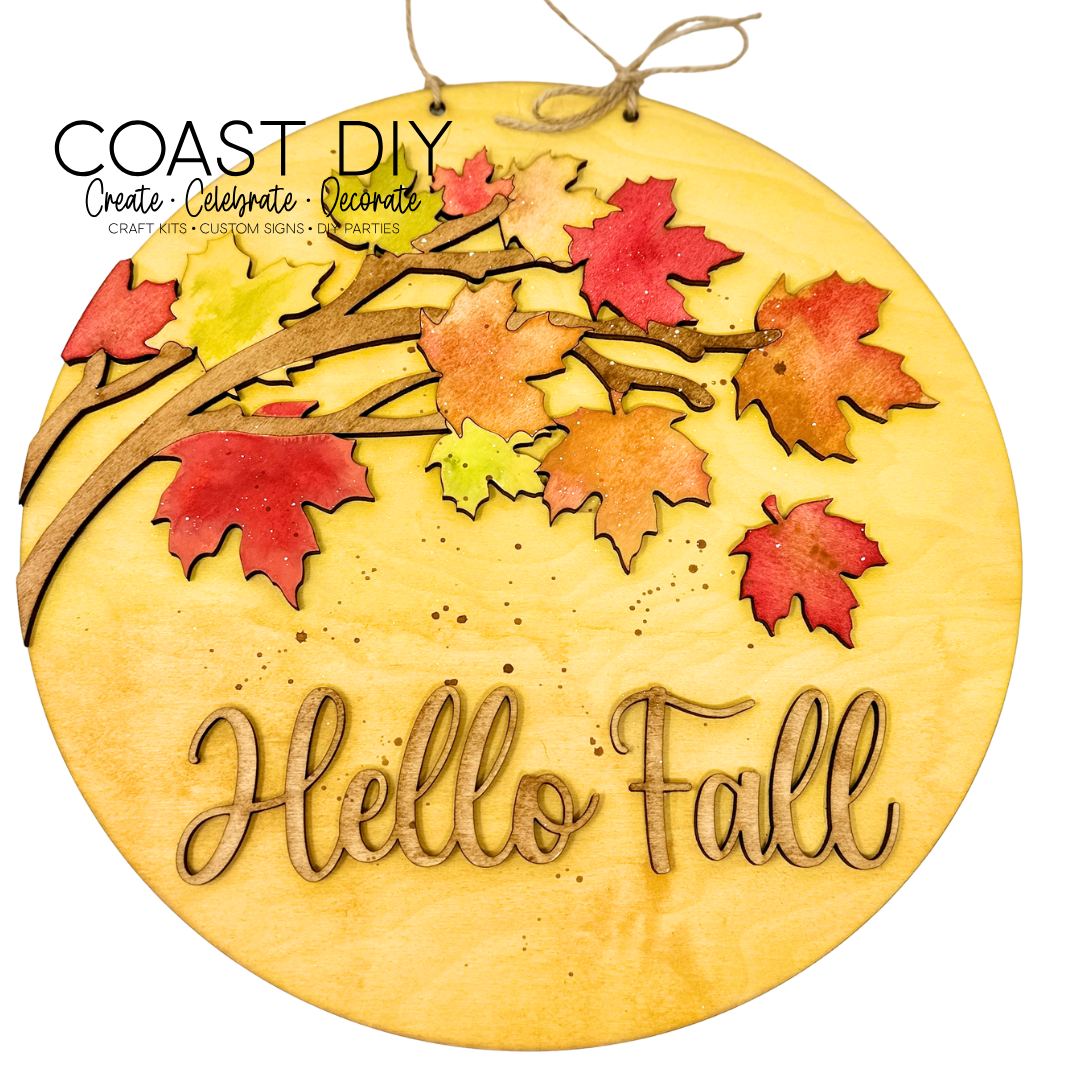 Hello Fall Leaves Round Sign