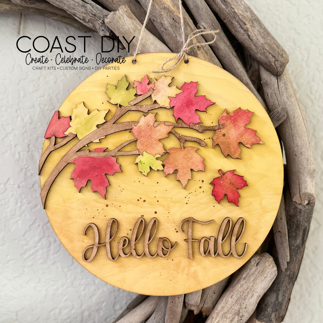 Hello Fall Leaves Round Sign