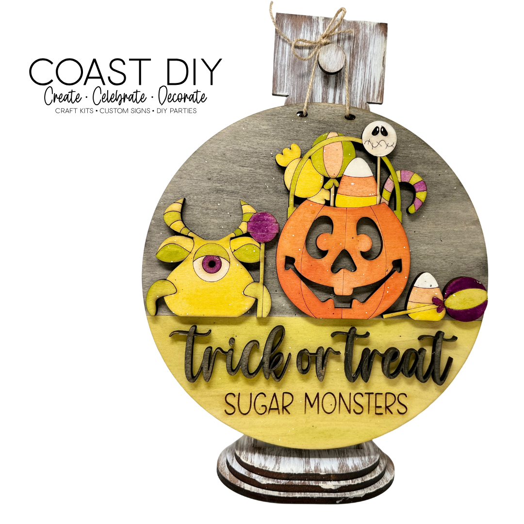 Trick or Treat Sugar Monsters Round sign craft kit