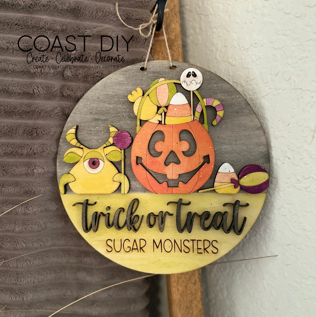 Trick or Treat Sugar Monsters Round sign craft kit
