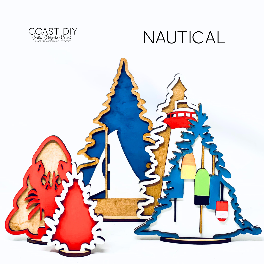 Coastal Tree Farm DIY Kit|Wood Blanks|Standing Trees|Striped|Starfish|Coral|Turtle|Jellyfish|Wave|Flamingo
