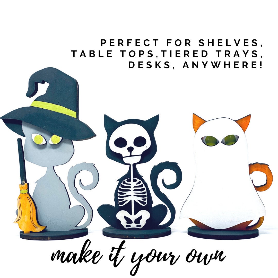 Halloween Cats in Costumes DIY Kit|Tiered Tray|Ghost|Witch|Skeleton|Shelf Sitter|Mantel Decor