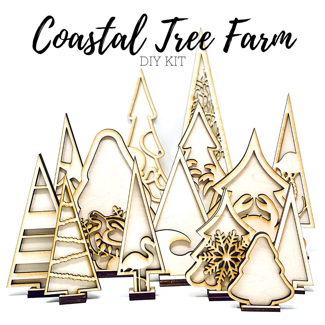 Coastal Tree Farm DIY Kit|Wood Blanks|Standing Trees|Striped|Starfish|Coral|Turtle|Jellyfish|Wave|Flamingo