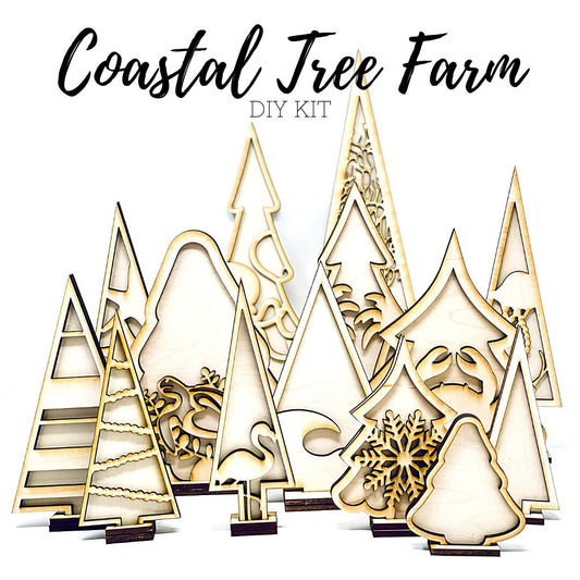 Coastal Tree Farm DIY Kit|Wood Blanks|Standing Trees|Striped|Starfish|Coral|Turtle|Jellyfish|Wave|Flamingo