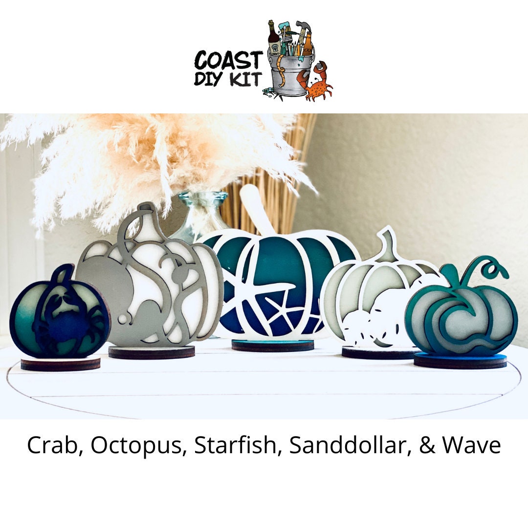 Coastal Pumpkin Patch DIY Kit Set of 5|Wood Blanks|Standing Pumpkins|Starfish|Crab|Octopus|Sanddollar|Wave