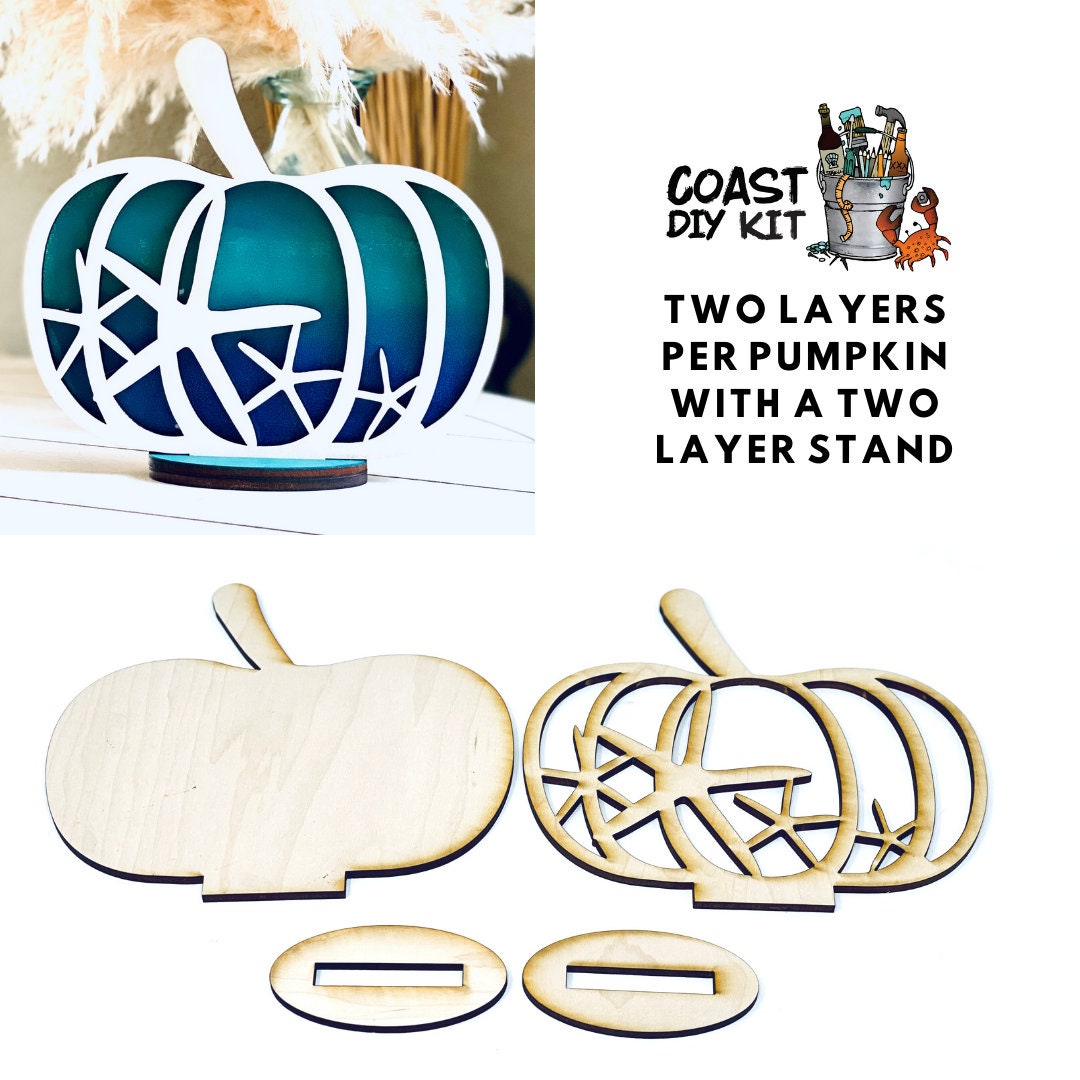 Coastal Pumpkin Patch DIY Kit Set of 5|Wood Blanks|Standing Pumpkins|Starfish|Crab|Octopus|Sanddollar|Wave