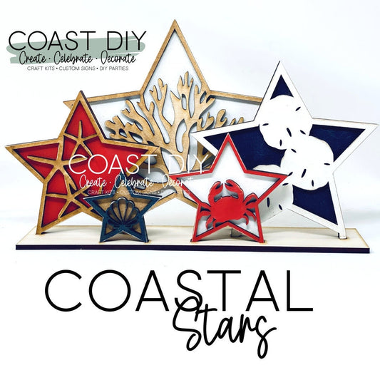 Coastal Stars DIY Kit Set of 5|Wood Blanks|Standing Stars|Starfish|Crab|Coral|Sanddollar|Scallop|Nautical|Patriotic
