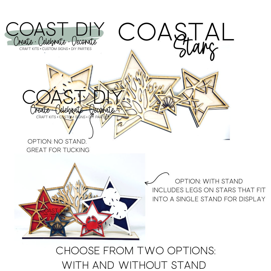 Coastal Stars DIY Kit Set of 5|Wood Blanks|Standing Stars|Starfish|Crab|Coral|Sanddollar|Scallop|Nautical|Patriotic