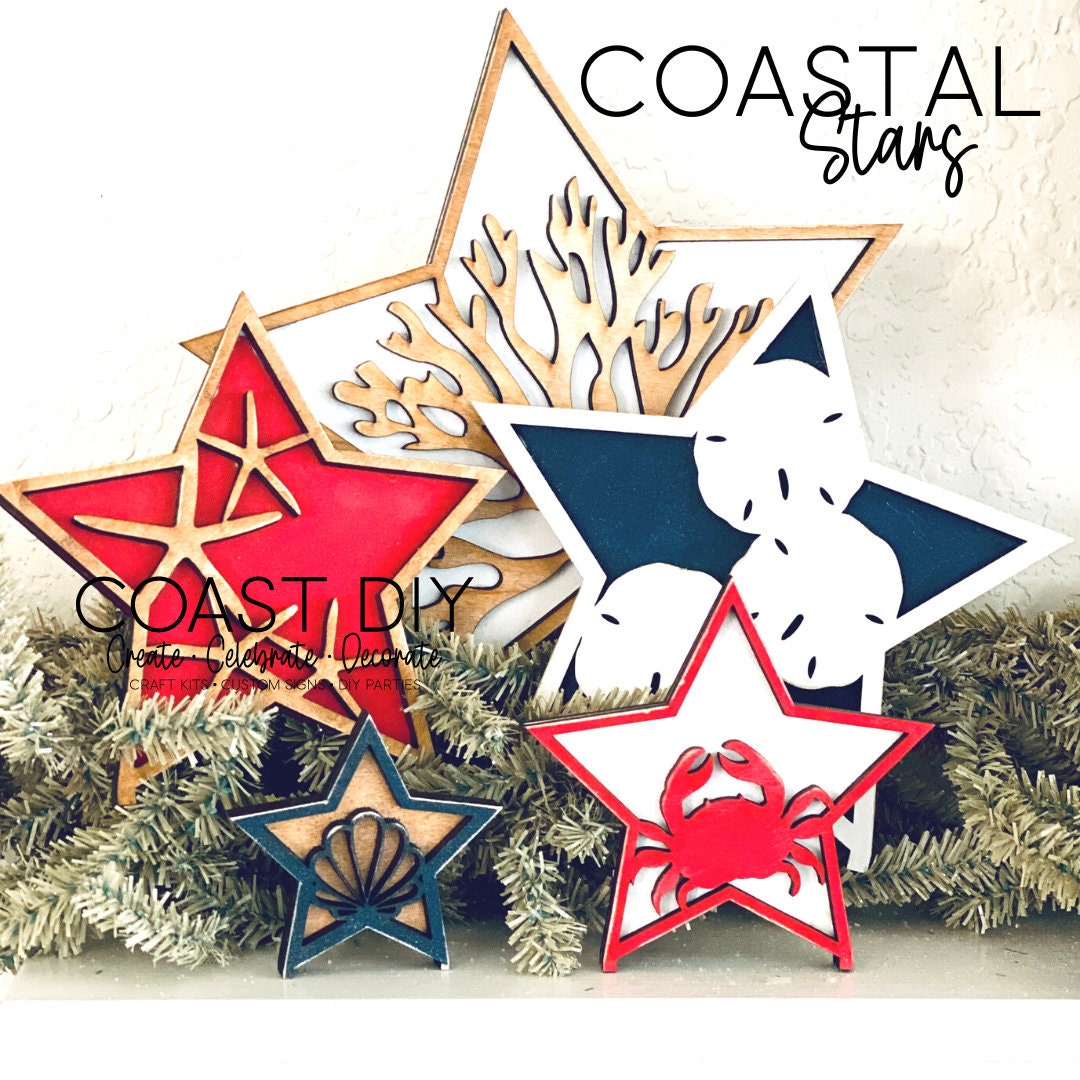 Coastal Stars DIY Kit Set of 5|Wood Blanks|Standing Stars|Starfish|Crab|Coral|Sanddollar|Scallop|Nautical|Patriotic